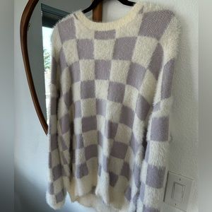 Ultra soft fuzzy checkered print purple and white sweater Large
